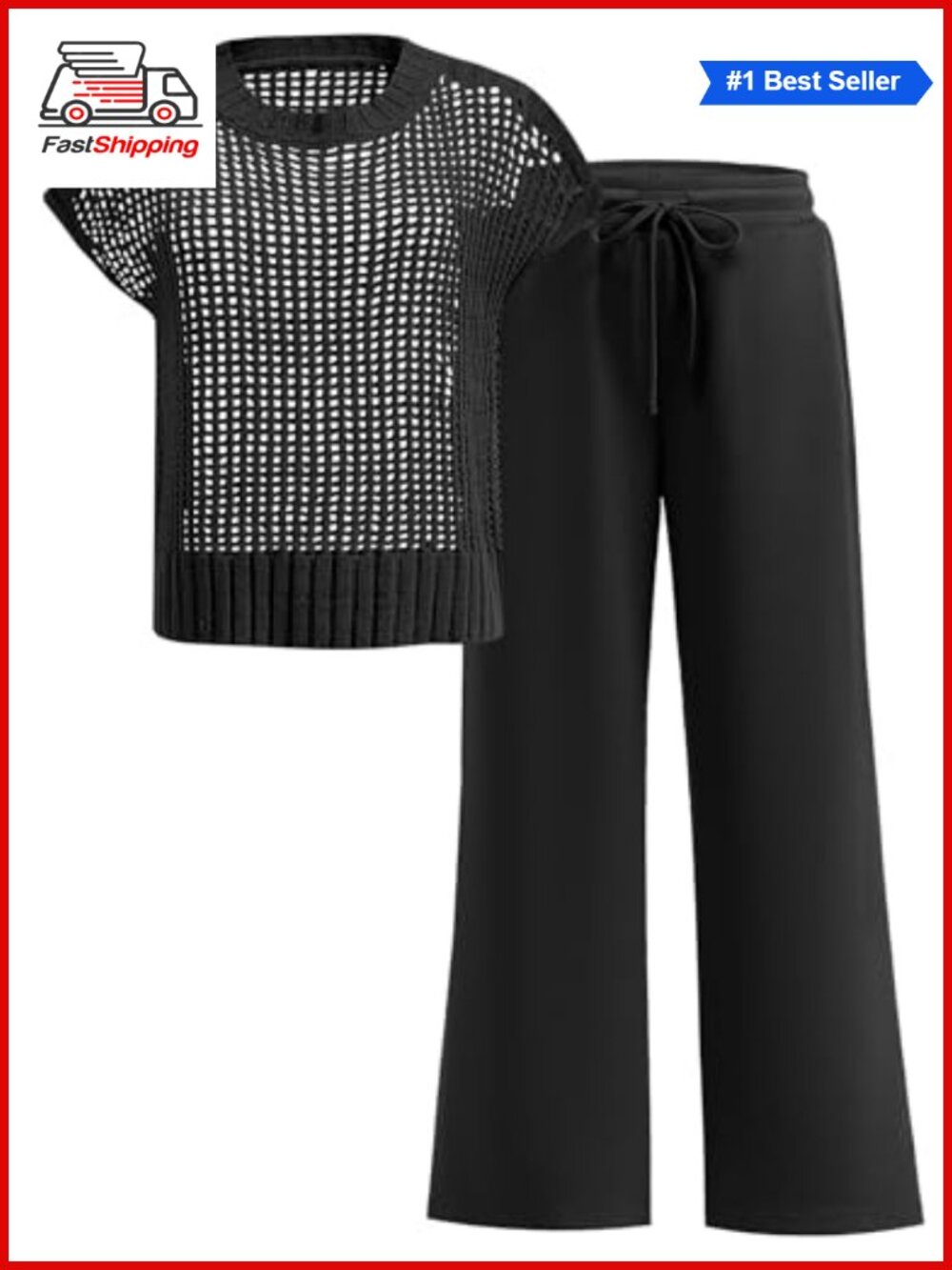 ✨ Women Two Piece Crochet Sheer Knit Sweater Top Wide Leg Pants Lounge Matching